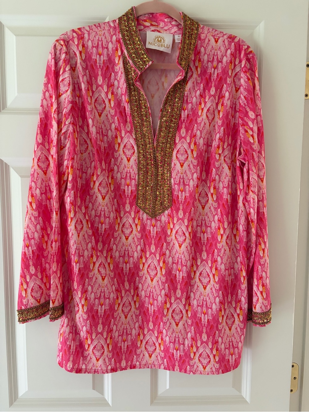 Nico Blu Pink Ikat Gold Beaded V-Neck Tunic Top